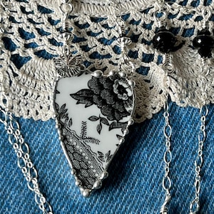Necklace, Broken China Jewelry, Broken China Necklace, Heart Pendant, Black Asiatic Pheasant, Sterling Silver Chain, Soldered Jewelry