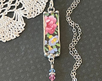 Necklace, Broken China Jewelry, Broken China Necklace, Rectangle Pendant, Black Floral Chintz China, Soldered Jewelry, Pink and Black