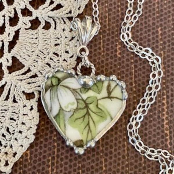 Necklace, Broken China Jewelry, Broken China Necklace, Heart Pendant, Heart Jewelry, White Flower, Sterling Silver, Soldered Jewelry