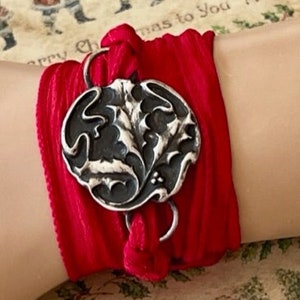 Red Wrap Bracelet, Yoga Bracelet, Silk Ribbon Wrap Bracelet, Boho Wrap Bracelet, Christmas Jewelry, Holly and Berries, 999 Fine Silver
