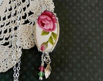 Necklace, Broken China Jewelry, Broken China Necklace, Pink Rose China, Pink Rose, Oval, Sterling Silver, Soldered Jewelry