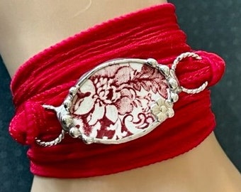 Broken China Bracelet, Broken China Jewelry, Red Transferware, Silk Ribbon Wrap Bracelet, Boho Wrap Bracelet, Yoga Bracelet Soldered Jewelry