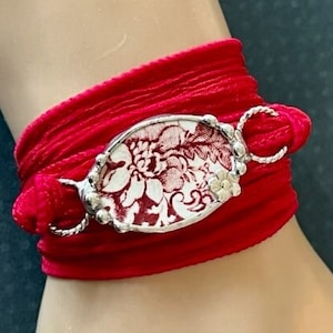 Broken China Bracelet, Broken China Jewelry, Red Transferware, Silk Ribbon Wrap Bracelet, Boho Wrap Bracelet, Yoga Bracelet Soldered Jewelry image 1