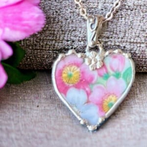 Necklace, Broken China Jewelry, Broken China Necklace, Heart Pendant, Heart Jewelry, Apple Blossom China, Pink Heart, Soldered Jewelry