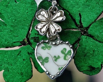 Pendant, Heart Pendant, Shamrock China, St Patricks Pendant, Four Leaf Clover, Sterling Silver, Soldered Jewelry, Heart Jewelry, Green