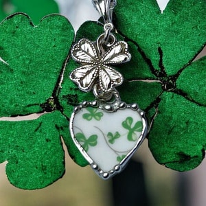 Pendant, Heart Pendant, Shamrock China, St Patricks Pendant, Four Leaf Clover, Sterling Silver, Soldered Jewelry, Heart Jewelry, Green image 1