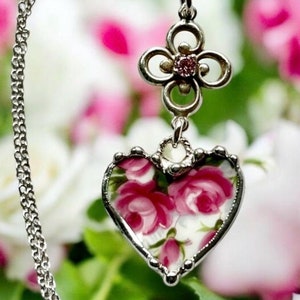 Necklace, Broken China Jewelry, Broken China Necklace, Heart Pendant, Pink Rose China, Silver Connector With Pink Crystal, Soldered Jewelry