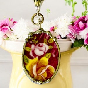 Pendant, Broken China Jewelry, Broken China Pendant, Christmas Surprise, Teardrop, Yellow and Pink Rose China Pendant, Soldered jewelry