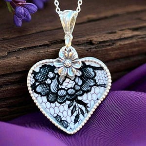 Necklace, Broken China Jewelry, Broken China Necklace, Heart Pendant, Black Lace China, Sterling Silver Findings, Soldered Jewelry