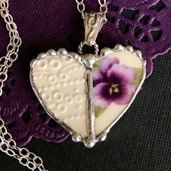 Necklace, Broken China Jewelry, Broken China Necklace, Heart Pendant, Purple Pansy China, Ivory Lace China, Soldered Jewelry, Mosaics