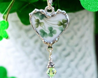 Necklace, Broken China Jewelry, Broken China Necklace, Heart Pendant, Shamrock China, St Patricks China, Sterling Silver, Soldered Jewelry