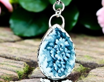 Necklace, Broken China Jewelry, Broken China Necklace, Teardrop Pendant, Teal Floral Chint China, Sterling Silver Bezel, Recycled Silver