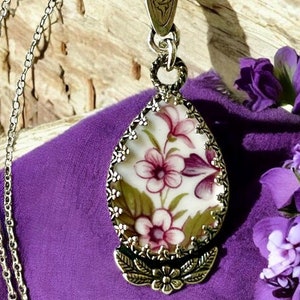 Necklace, Broken China Jewelry, Broken China Necklace, Teardrop Pendant, Pink and Purple Flora, Sterling Silver Bezel, Recycled Silver