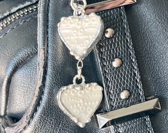 Purse Charm, Broken China Jewelry, Handbag Charm, Zipper Pull, White Lace China Pattern, Heart Jewelry, Sterling Sliver, Soldered Jewelry