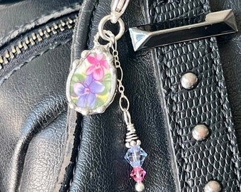 Purse Charm, Broken China Jewelry, Handbag Charm, Zipper Pull, Pink and Purple Floral, Heart Jewelry, Sterling Sliver, Soldered Jewelry