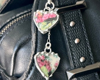 Purse Charm, Broken China Jewelry, Handbag Charm, Zipper Pull, Pink Floral Chintz, Heart Jewelry, Sterling Sliver, Soldered Jewelry