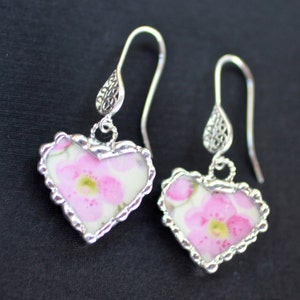 Earrings, Broken China Jewelry, Broken China Earrings, Pink China Heart, Sterling Sliver Ear Wires, Broken China Hearts, Soldered Jewelry