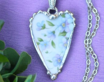 Necklace, Broken China Jewelry, Broken China Necklace, Heart Pendant, Blue and Lavender Floral China, Sterling Silver Chain