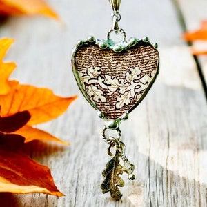 Necklace, Broken China Jewelry, China Heart, Heart Jewelry, Brown Oak Leaf Transferware , Fall Jewelry, Silver Findings, Soldered Jewelry