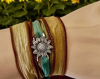 Bracciale avvolgente, Bracciale yoga, Bracciale avvolgente con nastro di seta, Bracciale avvolgente Boho, Gioielli girasole, Argento sterling, Bracciale girasole