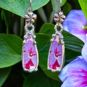Broken China Jewelry, Broken China Earrings, Shield, Pink And Blue Floral China, Silver Ear Wires, Soldered Jewelry, Fine Silver Flower