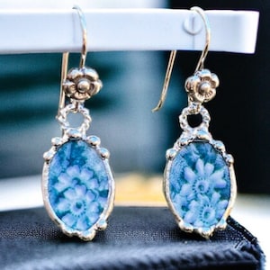 Broken China Jewelry, Broken China Earrings, Oval, Teal Floral China, Silver Ear Wires, Soldered Jewelry, Pressed Silver Flower Ear Wires