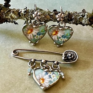 Brooch, Lapel Pin, Broken China Jewelry, Heart Jewelry, Shelley, Marguerite, Daisy Chintz China, Sterling Silver, Soldered Jewelry image 10