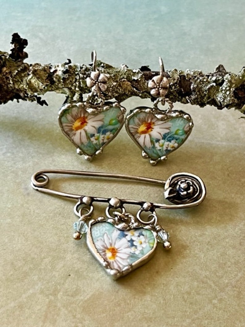 Brooch, Lapel Pin, Broken China Jewelry, Heart Jewelry, Shelley, Marguerite, Daisy Chintz China, Sterling Silver, Soldered Jewelry image 10