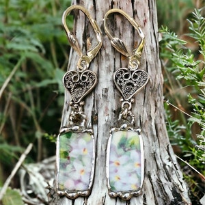 Earrings, Broken China Jewelry, Broken China Earrings, Lilac Floral Chintz, Sterling Silver Lever Back Earrings, Dangle Earrings