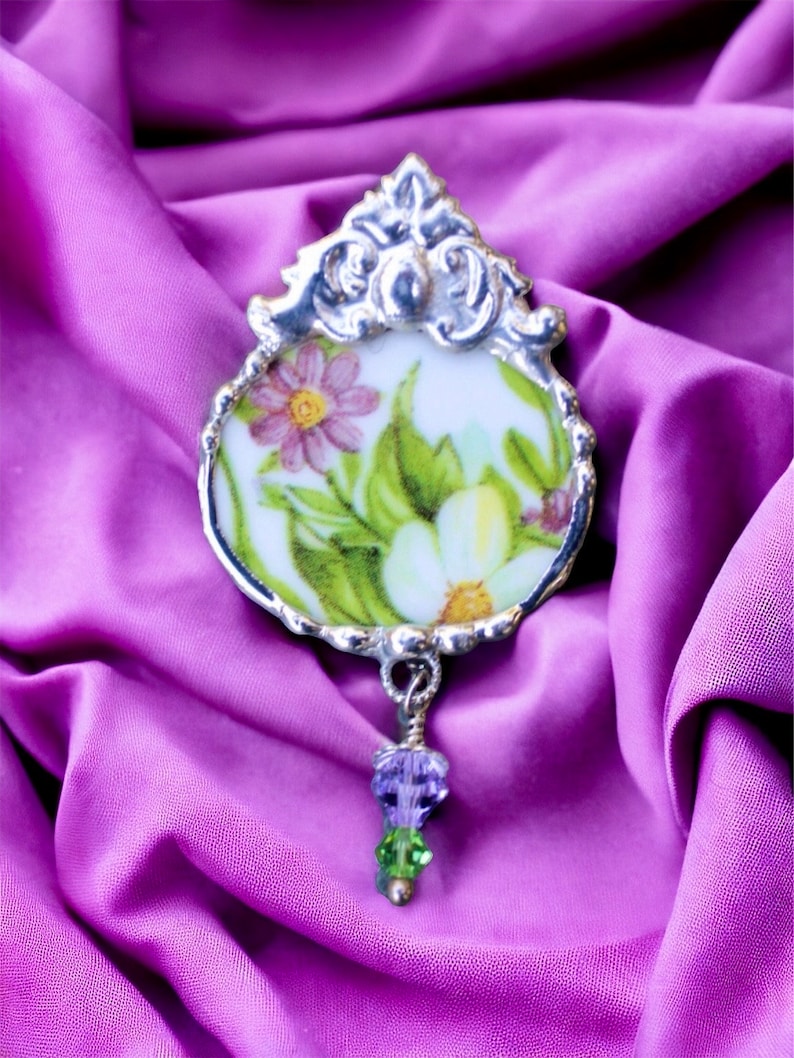 Broken China Jewelry, Brooch Pin, Purple and Green Floral Chintz image 2