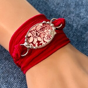 Broken China Bracelet, Broken China Jewelry, Red Transferware, Silk Ribbon Wrap Bracelet, Boho Wrap Bracelet, Yoga Bracelet Soldered Jewelry image 8