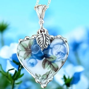 Necklace, Broken China Jewelry, Blue Heart Pendant, Broken China Heart, Blue Rose China, Sterling Silver Findings, Soldered Jewelry