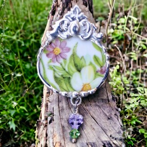 Broken China Jewelry, Brooch Pin, Purple and Green Floral Chintz image 4