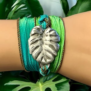 Wrap Bracelet, Yoga Bracelet, Green Silk Ribbon Wrap Bracelet, Boho Wrap Bracelet, Monstera Jewelry, Sterling Silver, Mondtera Leaf Bracelet