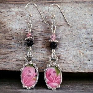 Earrings, Broken China Jewelry, Broken China Earrings, Pink Black, Fireweed, Dangle Earrings, Sterling Silver Ear Wires, Soldered Jewelry