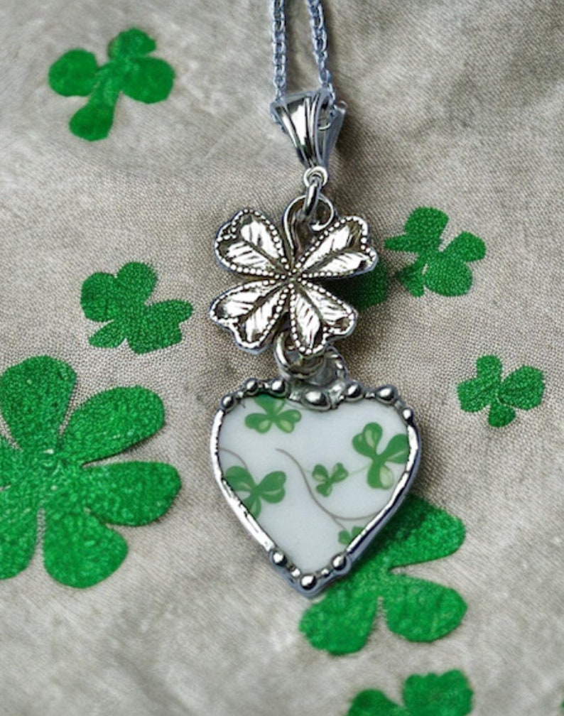 Pendant, Heart Pendant, Shamrock China, St Patricks Pendant, Four Leaf Clover, Sterling Silver, Soldered Jewelry, Heart Jewelry, Green image 6