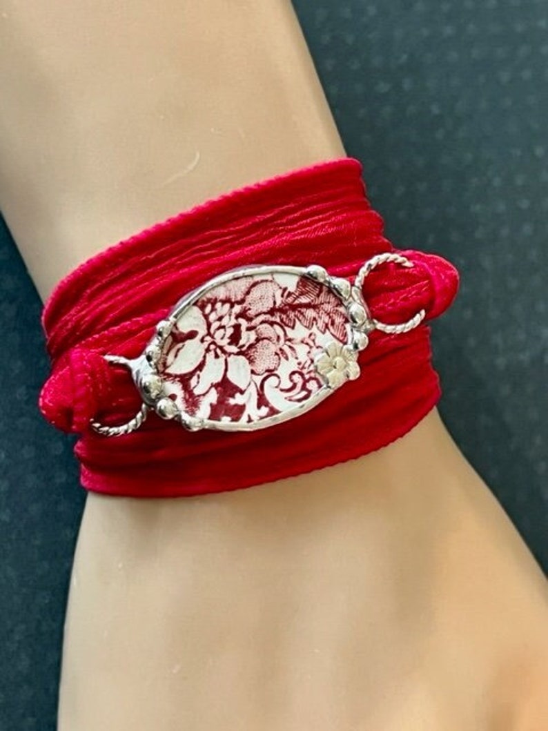 Broken China Bracelet, Broken China Jewelry, Red Transferware, Silk Ribbon Wrap Bracelet, Boho Wrap Bracelet, Yoga Bracelet Soldered Jewelry image 1