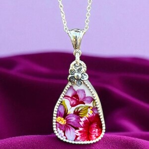 Necklace, Broken China Jewelry, Shield China Pendant, Pink and Purple China, Triangle Pendant, Sterling Silver Findings, Soldered Jewelry