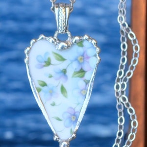 Necklace, Broken China Jewelry, Broken China Necklace, Heart Pendant, Blue and Lavender Floral China, Sterling Silver Chain image 3