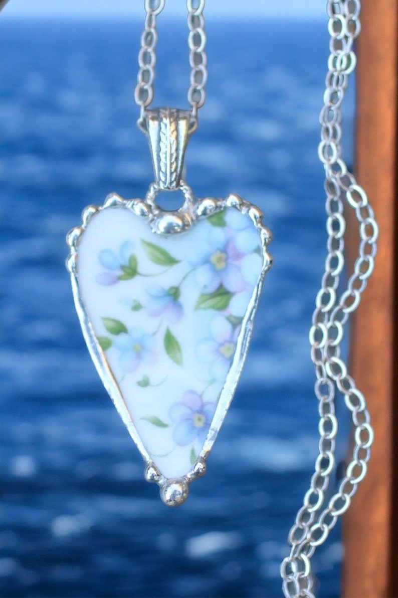 Necklace, Broken China Jewelry, Broken China Necklace, Heart Pendant, Blue and Lavender Floral China, Sterling Silver Chain image 3