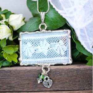 Lace Necklace, Lace Jewelry, Soldered Pendants, Ivory, Shamrock Sterling Silver, Lock Charm image 1