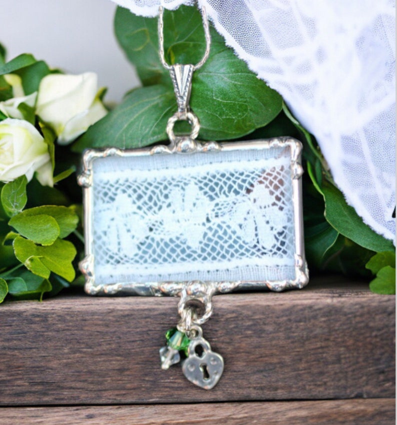 Lace Necklace, Lace Jewelry, Soldered Pendants, Ivory, Shamrock Sterling Silver, Lock Charm image 1