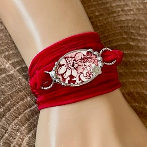 Broken China Bracelet, Broken China Jewelry, Red Transferware, Silk Ribbon Wrap Bracelet, Boho Wrap Bracelet, Yoga Bracelet Soldered Jewelry image 3