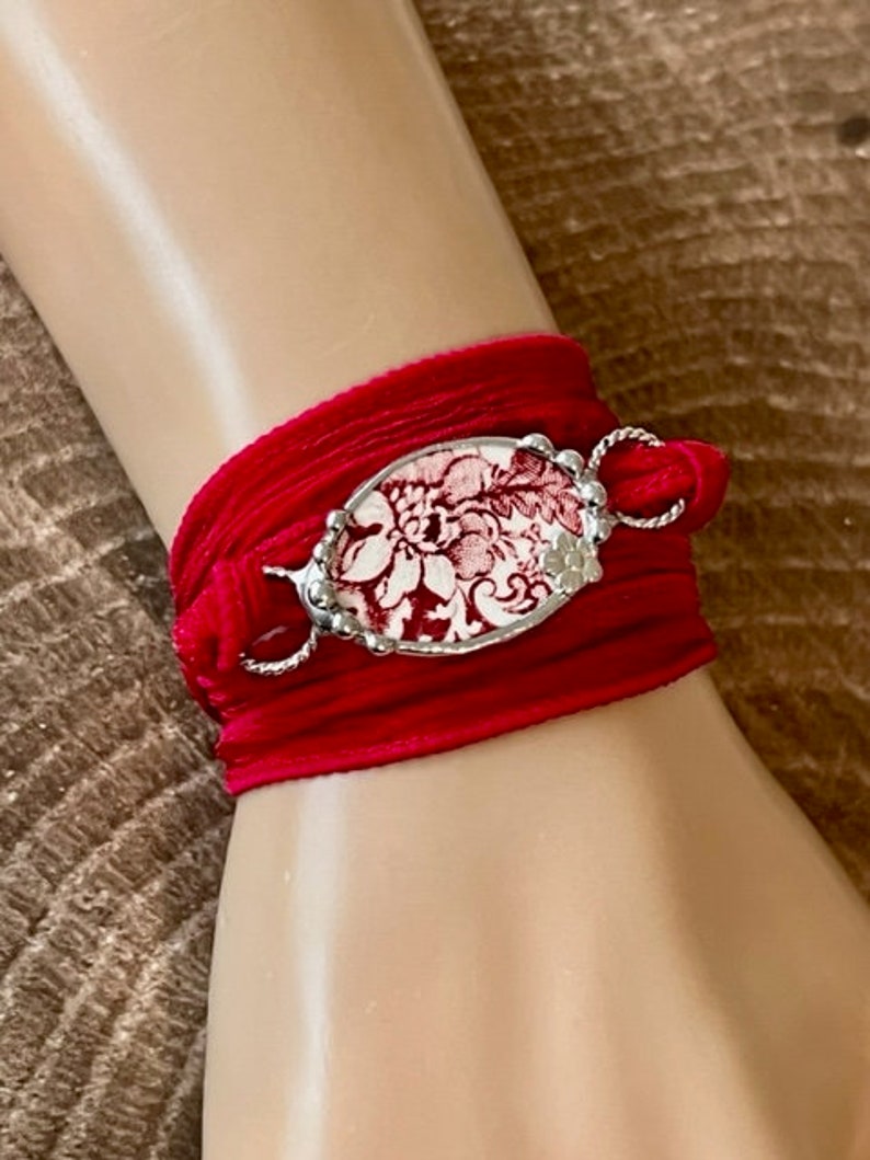 Broken China Bracelet, Broken China Jewelry, Red Transferware, Silk Ribbon Wrap Bracelet, Boho Wrap Bracelet, Yoga Bracelet Soldered Jewelry image 3