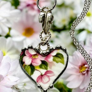 Necklace, Broken China Jewelry, Broken China Necklace, Heart Pendant, Apple Blossom China, China Heart, Silver Leaf Link, Soldered Jewelry