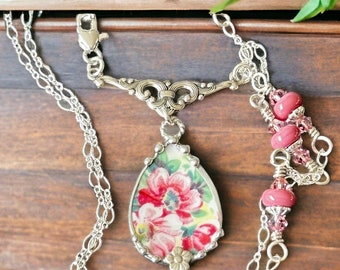 Necklace, Broken China Jewelry, Broken China Necklace, Teardrop Pendant, Pink Floral China, Pink Lampwork, Sterling Silver, Soldered Jewelry