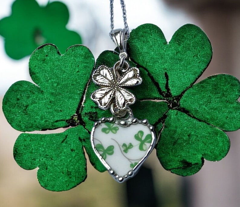 Pendant, Heart Pendant, Shamrock China, St Patricks Pendant, Four Leaf Clover, Sterling Silver, Soldered Jewelry, Heart Jewelry, Green image 1