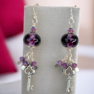 Lampwork Bead Earrings, Handmade Lampwork Bead Jewelry, Purple Lampwork Beads, Key Charm, Sterling Silver Ear Wires, Long Earrings