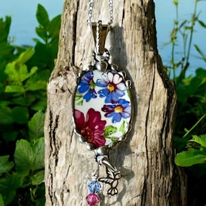 Necklace, Broken China Jewelry, Broken China Necklace, Pink and Blue Floral China, Sterling Silver Findings, Soldered Jewelry, Hummingbird