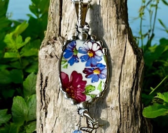 Necklace, Broken China Jewelry, Broken China Necklace, Pink and Blue Floral China, Sterling Silver Findings, Soldered Jewelry, Hummingbird
